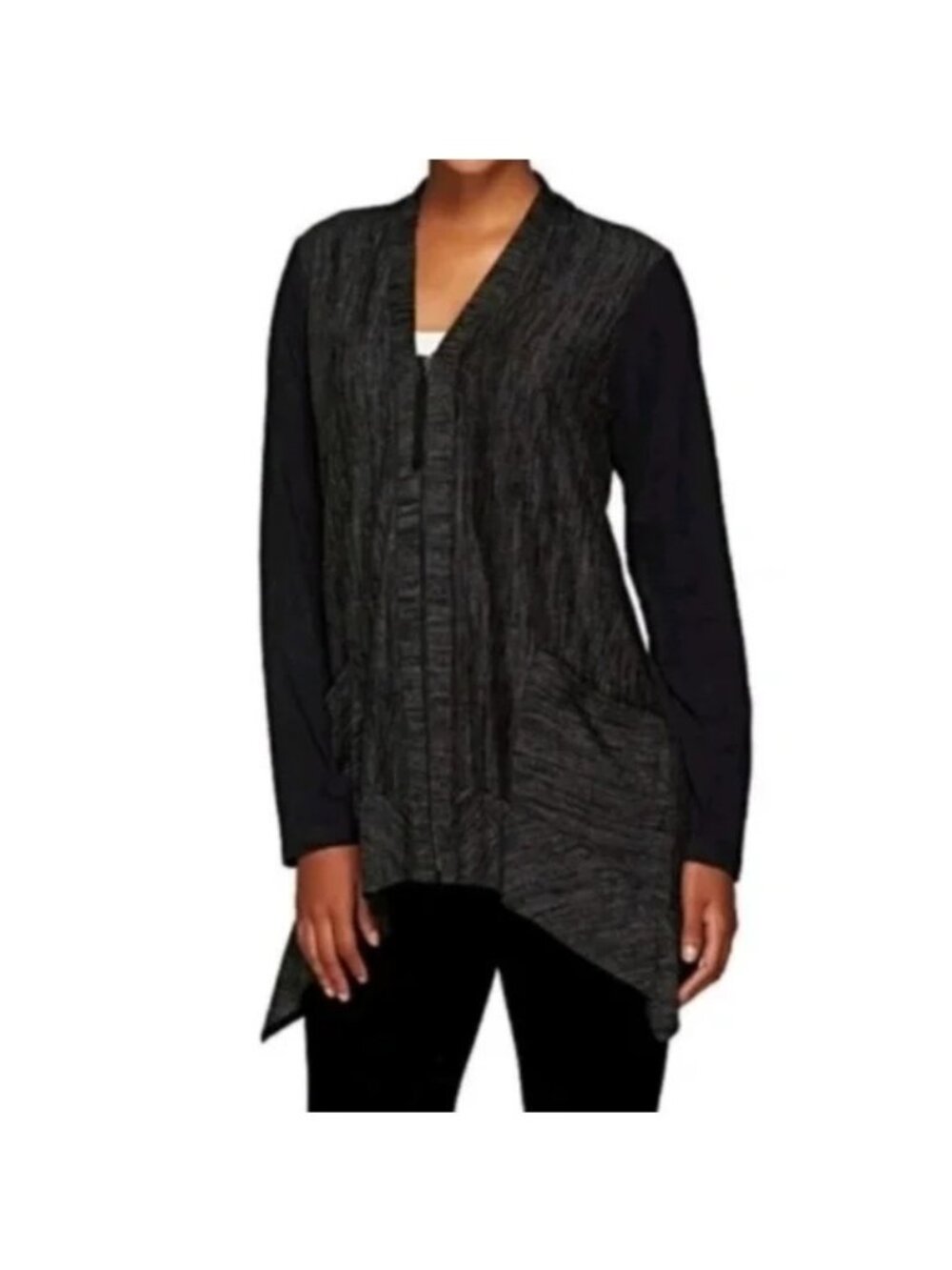 LOGO by Lori Goldstein Knit Cardigan with Faux Suede Details Womens Small Gray